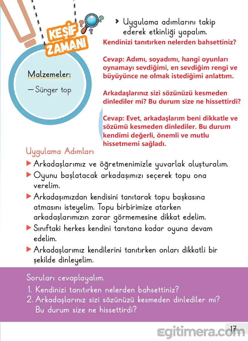 1. Sınıf Hayat Bilgisi Ders Kitabı Cevapları Sayfa 17 – MEB Yayınları