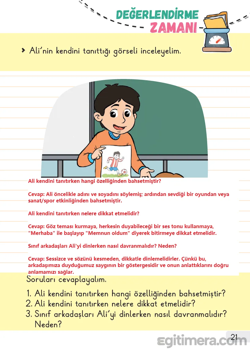 1. Sınıf Hayat Bilgisi Ders Kitabı Cevapları Sayfa 21 – MEB Yayınları