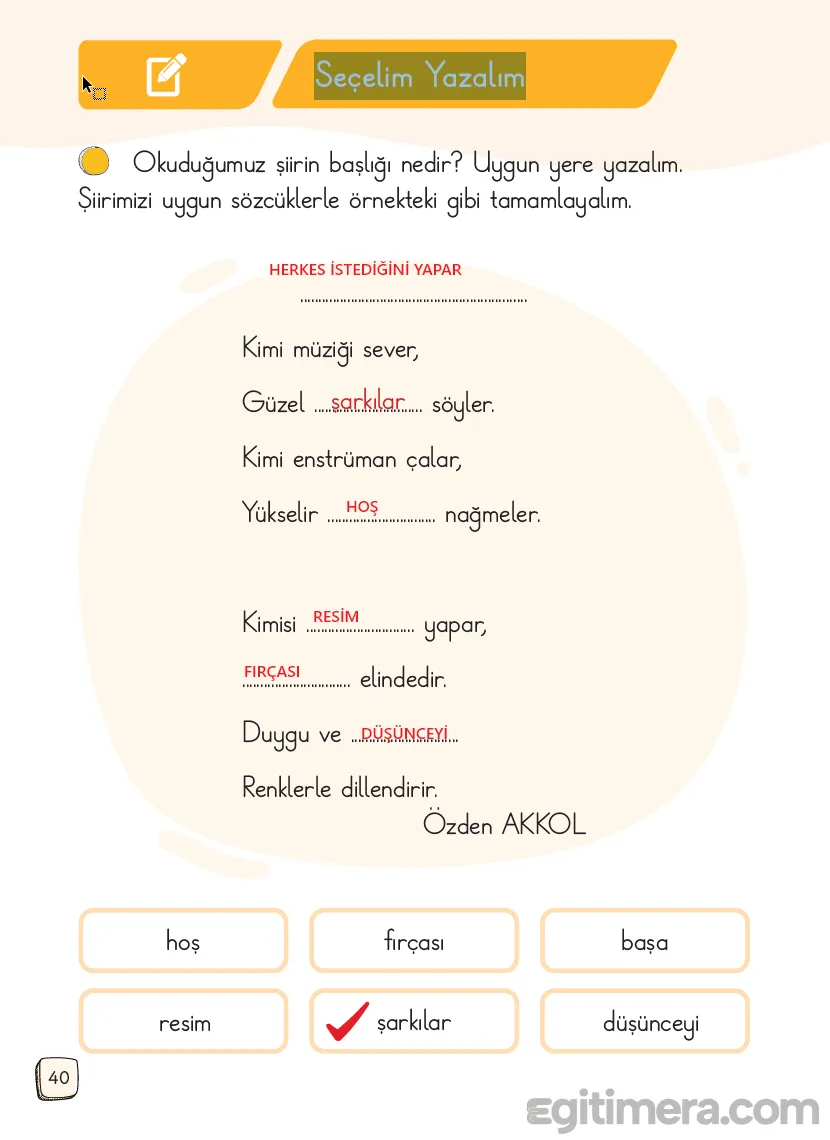 1.Sınıf Türkçe Ders Kitapları Cevapları Sayfa 40 – MEB Yayınları