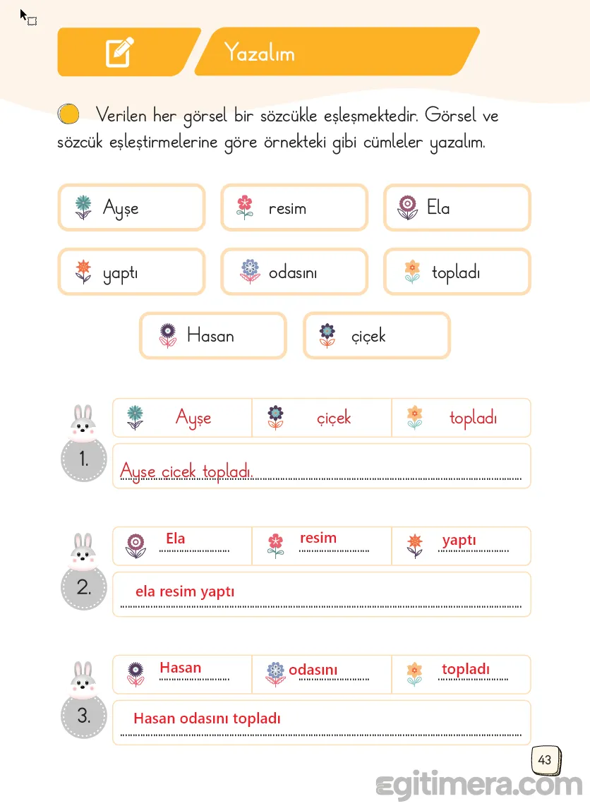 1.Sınıf Türkçe Ders Kitapları Cevapları Sayfa 43 – MEB Yayınları