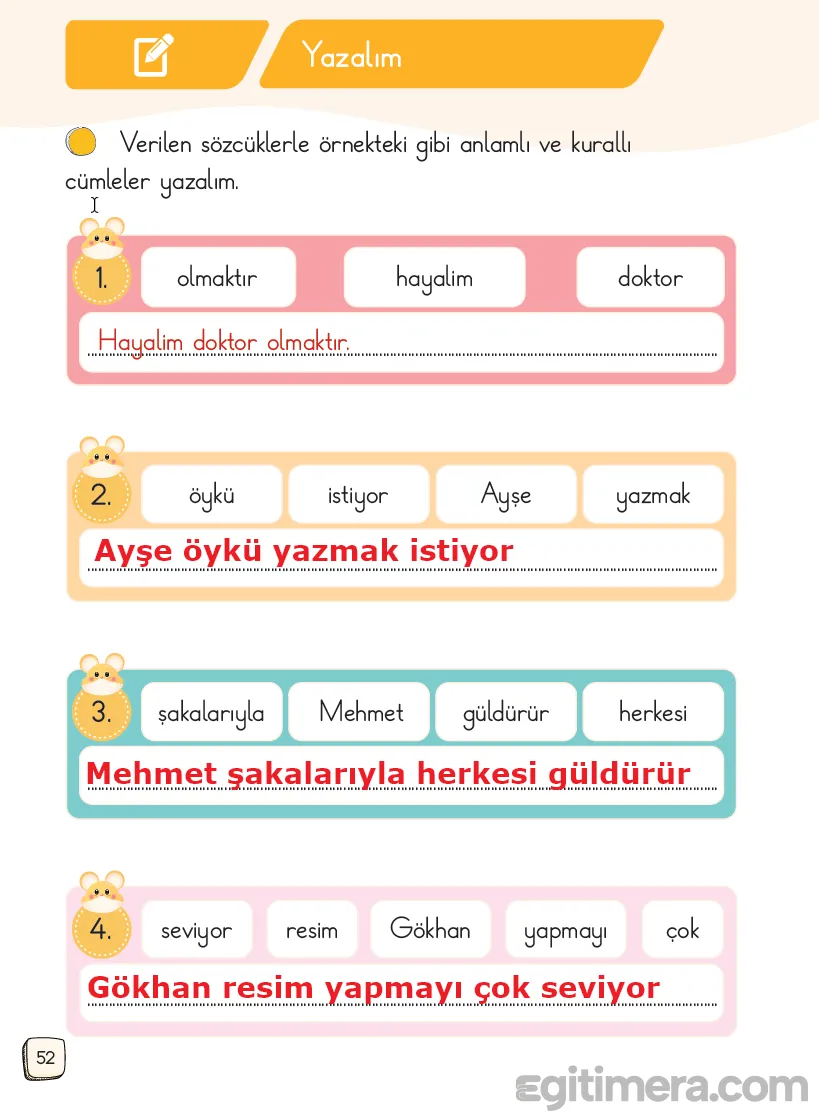 1.Sınıf Türkçe Ders Kitapları Cevapları Sayfa 52 – MEB Yayınları