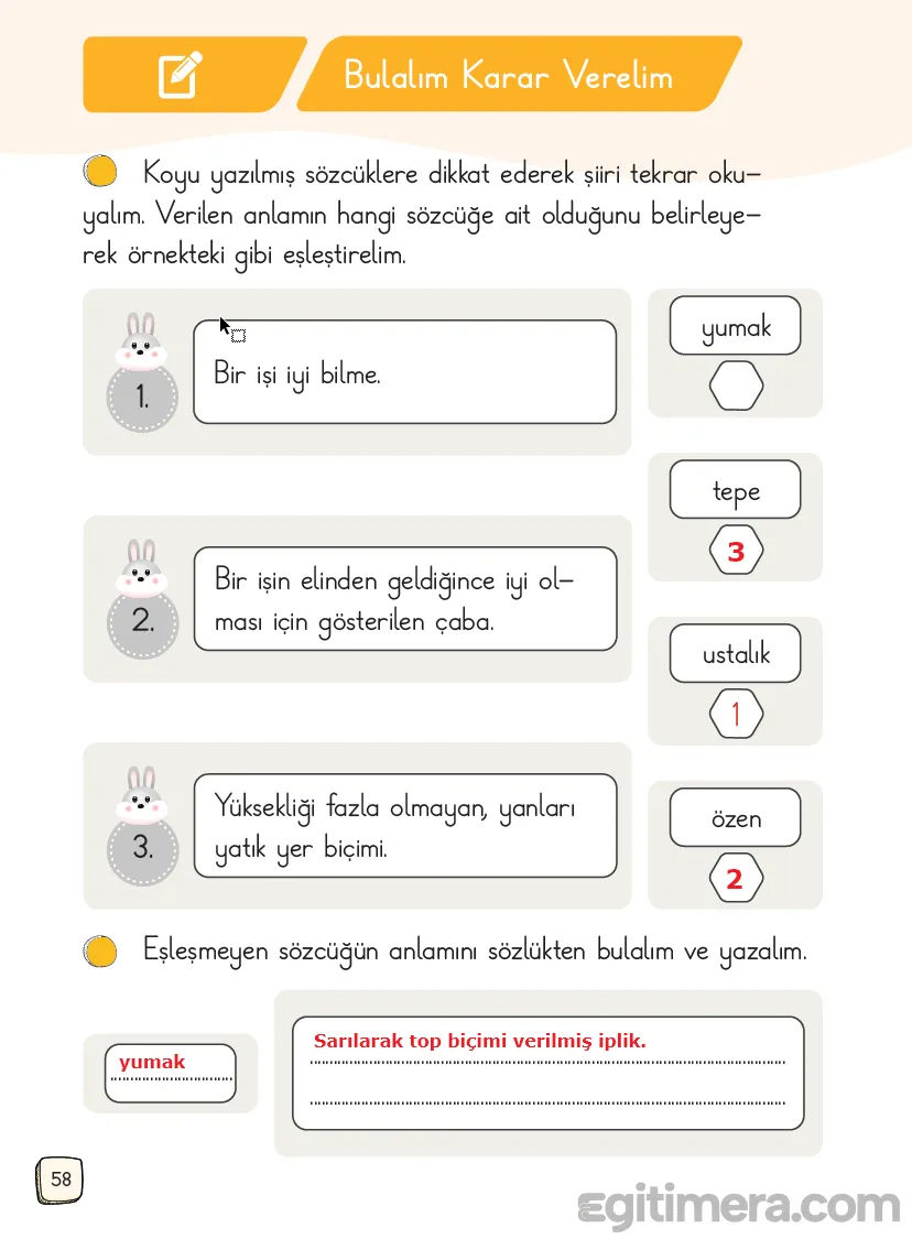 1.Sınıf Türkçe Ders Kitapları Cevapları Sayfa 58 – MEB Yayınları