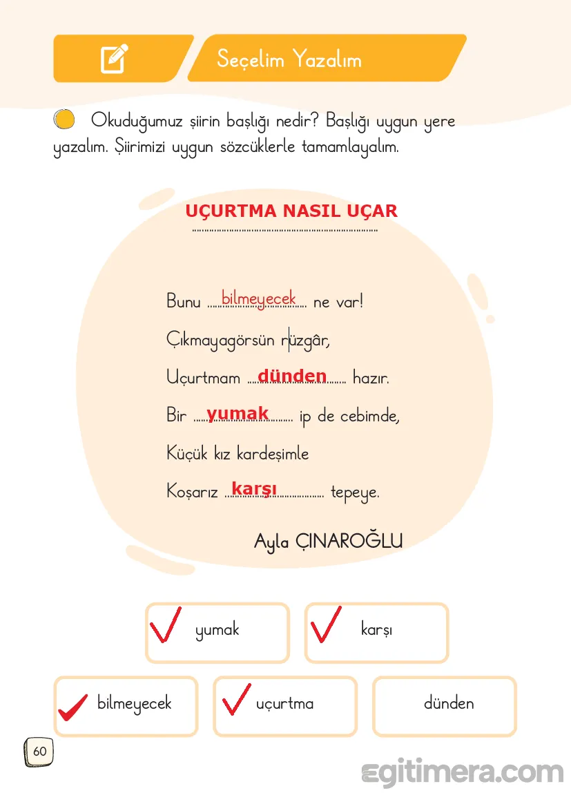 1.Sınıf Türkçe Ders Kitapları Cevapları Sayfa 60 – MEB Yayınları