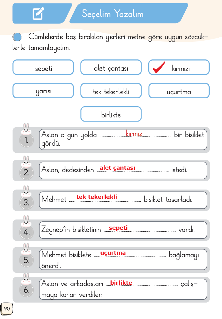 1.Sınıf Türkçe Ders Kitapları Cevapları Sayfa 90 – MEB Yayınları