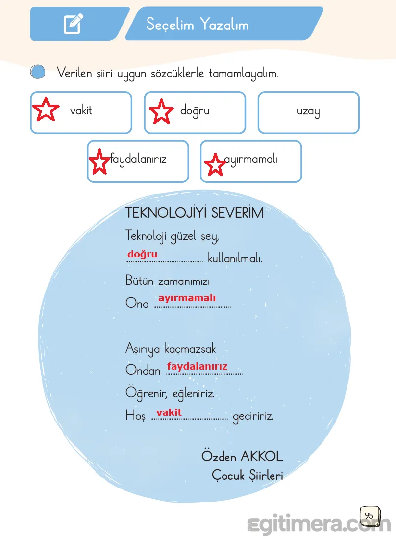 1.Sınıf Türkçe Ders Kitapları Cevapları Sayfa 95 – MEB Yayınları