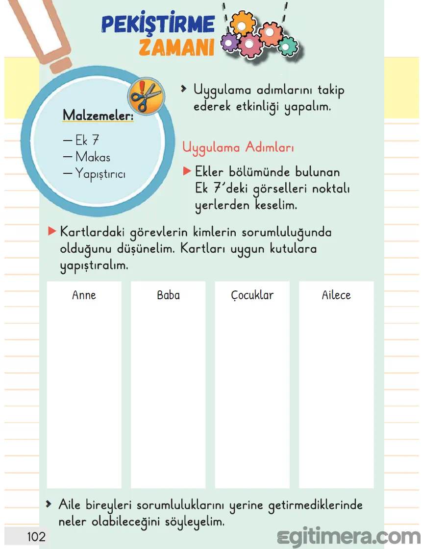 1. Sınıf Hayat Bilgisi ders kitabı sayfa 102, aile üyeleri için ayrılmış kesme-yapıştırma etkinlik kutuları ve uygulama malzemelerini gösteren görsel.
