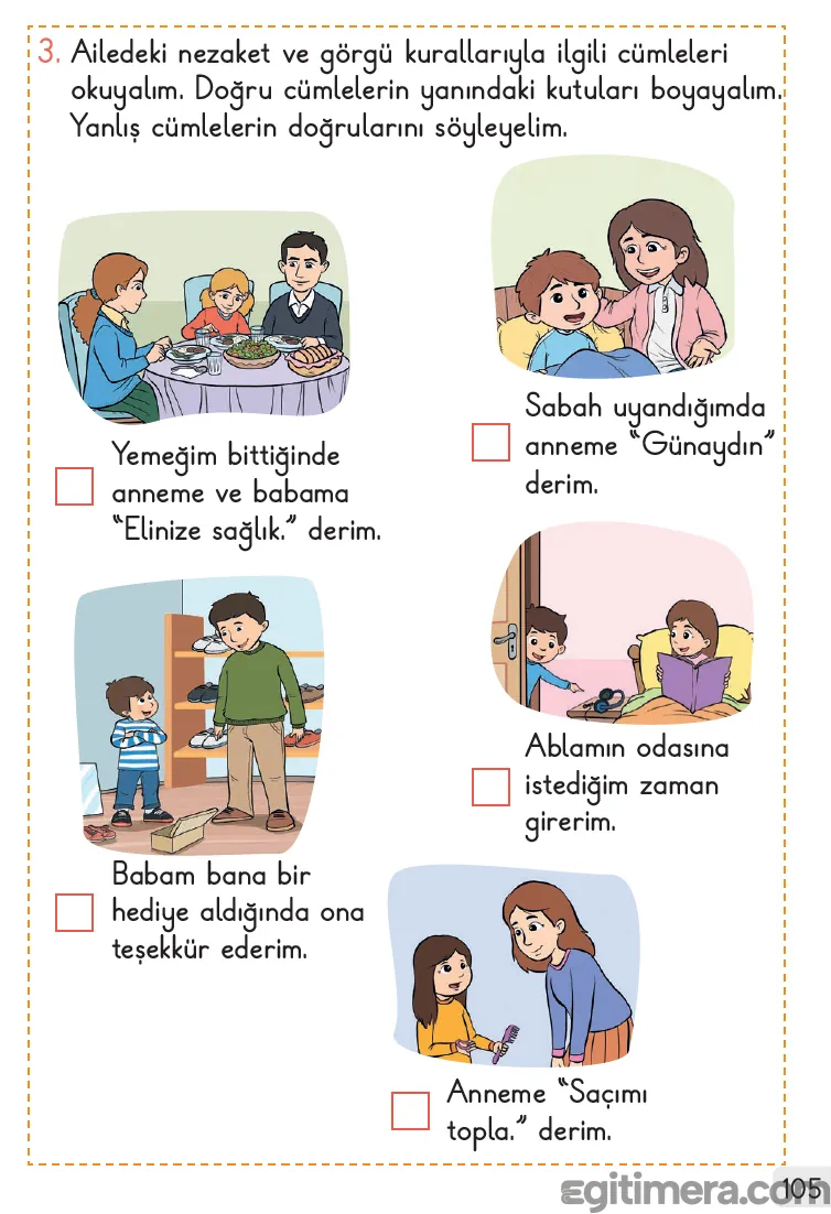 1. Sınıf Hayat Bilgisi MEB kitabı sayfa 105, nezaket ve görgü kurallarıyla ilgili doğru-yanlış cümlelerini içeren boyama etkinlik sayfası görseli.