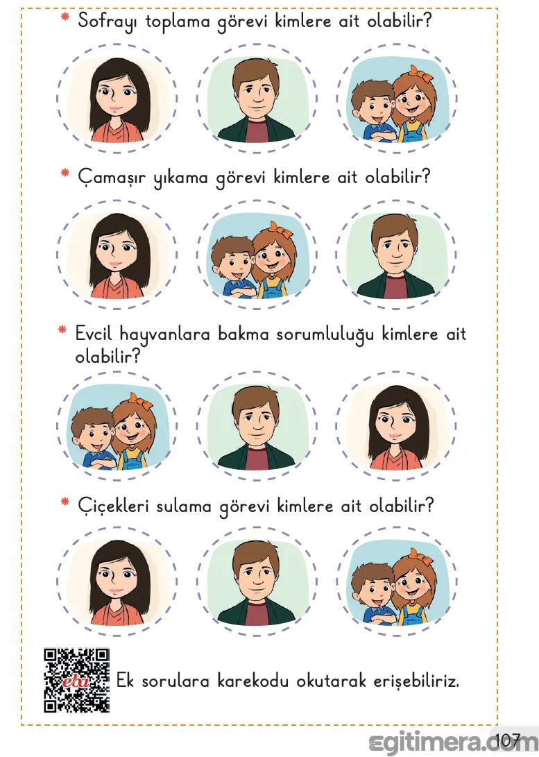 1. Sınıf Hayat Bilgisi ders kitabı sayfa 107, ev içindeki farklı sorumlulukları (çamaşır, sofra, hayvan bakımı, bitki sulama) temsil eden görseller ve eşleştirme soruları.