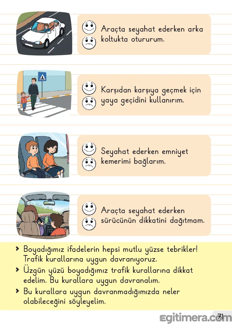 1. Sınıf Hayat Bilgisi ders kitabı sayfa 71, trafik kuralları değerlendirme metni ve Kıvanç'ın sergide ailesini kaybettiği "Düşünme Zamanı" hikaye görseli.