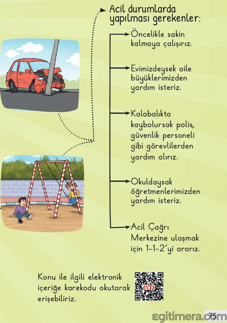 1. Sınıf Hayat Bilgisi ders kitabı sayfa 73, acil durum senaryoları ile bu anlarda izlenmesi gereken sakin kalma, yardım isteme ve 112'yi arama gibi kuralları gösteren şematik anlatım.