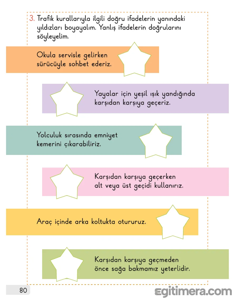 1. Sınıf Hayat Bilgisi MEB kitabı sayfa 80, trafik kurallarıyla ilgili doğru ve yanlış cümleleri içeren yıldız boyama etkinlik sayfası.