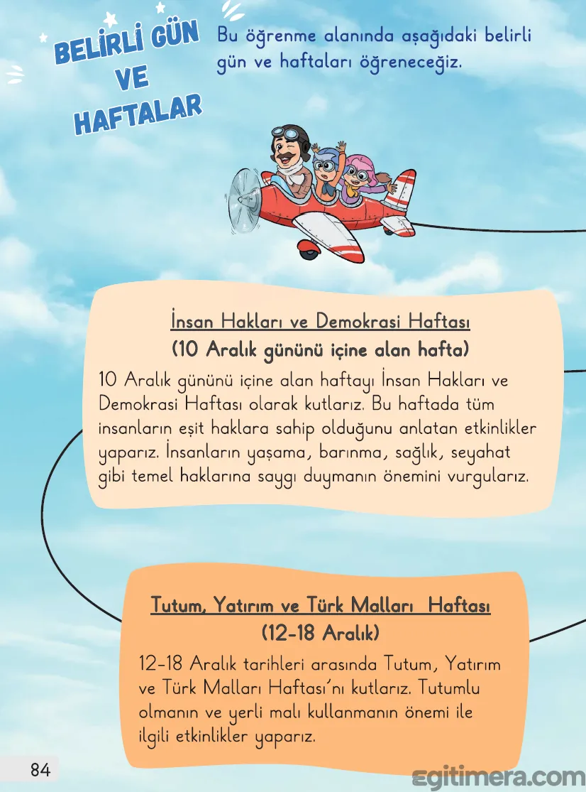 1. Sınıf Hayat Bilgisi MEB kitabı sayfa 84, pilot ve çocukların uçakta olduğu neşeli bir görsel eşliğinde Aralık ayı belirli gün ve haftalar anlatımı.
