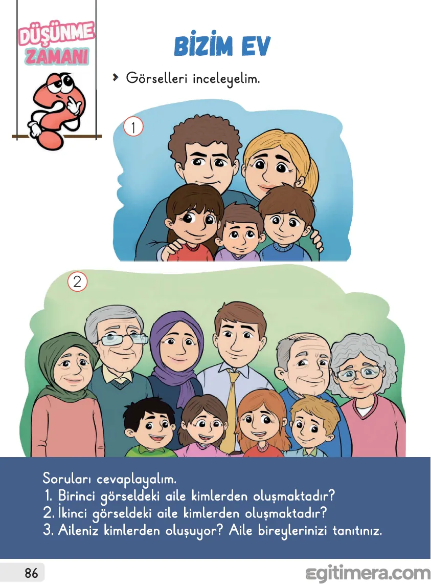 1. Sınıf Hayat Bilgisi MEB ders kitabı sayfa 86, "Düşünme Zamanı" başlığı altında çekirdek aile ve geniş aile modellerini gösteren iki farklı görsel ve sorular.