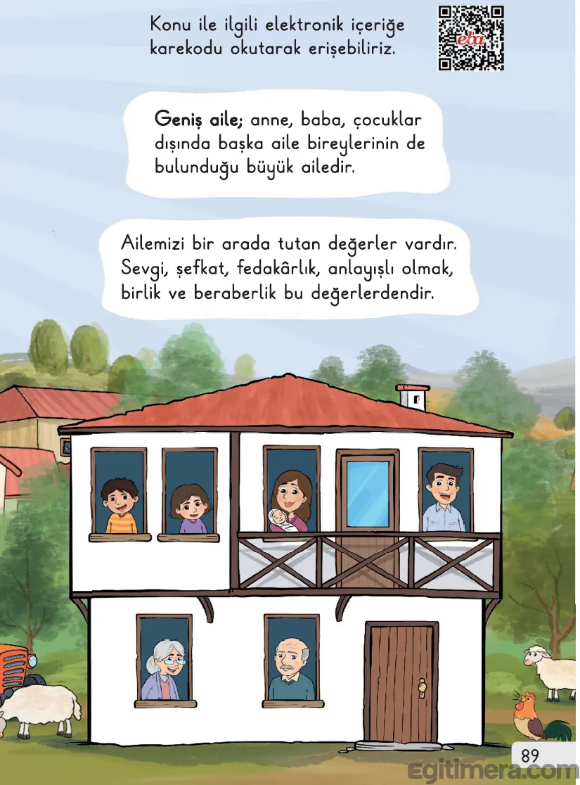 1. Sınıf Hayat Bilgisi MEB ders kitabı sayfa 89, geniş aile tanımı ve aileyi bir arada tutan sevgi, şefkat, birlik gibi değerleri içeren ders sayfası.