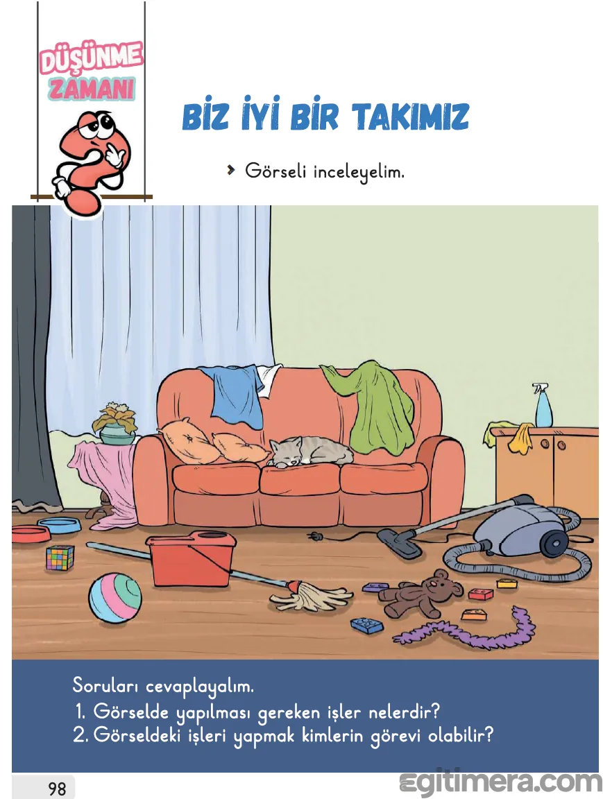 1. Sınıf Hayat Bilgisi ders kitabı sayfa 98, dağılmış bir oturma odasını gösteren görsel; oyuncaklar, kıyafetler ve temizlik malzemeleri yerlerde.