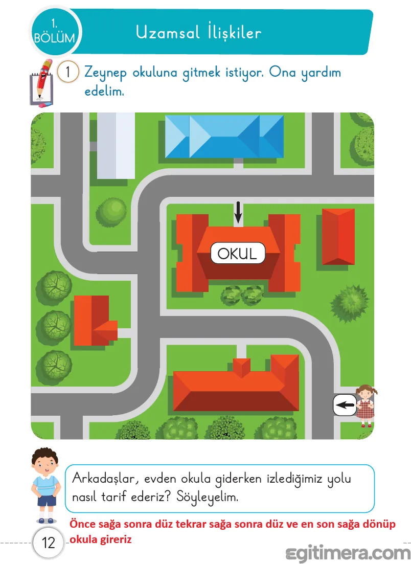 1. Sınıf Matematik ders kitabı sayfa 12, Zeynep karakterinin evinden okuluna giden yolu gösteren labirent benzeri uzamsal ilişkiler sayfası.