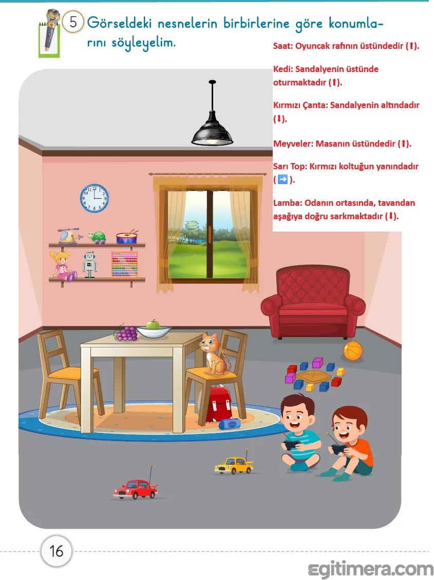 1. Sınıf Matematik ders kitabı sayfa 16, içinde kırmızı koltuk, masa, kedi ve oyuncaklarla oynayan çocukların bulunduğu bir oda görseli.