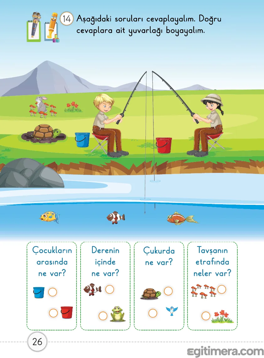 1. Sınıf Matematik ders kitabı sayfa 24, çocukların arası, derenin içi, çukurun içeriği ve tavşanın çevresiyle ilgili dört farklı görsel soruyu içeren çalışma sayfası.