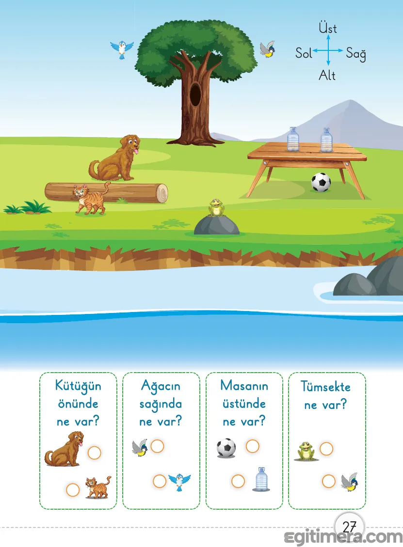 1. Sınıf Matematik ders kitabı sayfa 27; kütük, ağaç, masa ve tümsek görselleriyle hazırlanan konum belirleme test soruları.