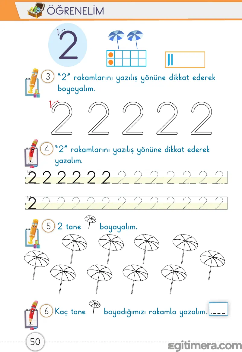 "2" rakamının doğru yazılışını ve miktar karşılığını pekiştiren sayfa 50 uygulama çalışmaları.