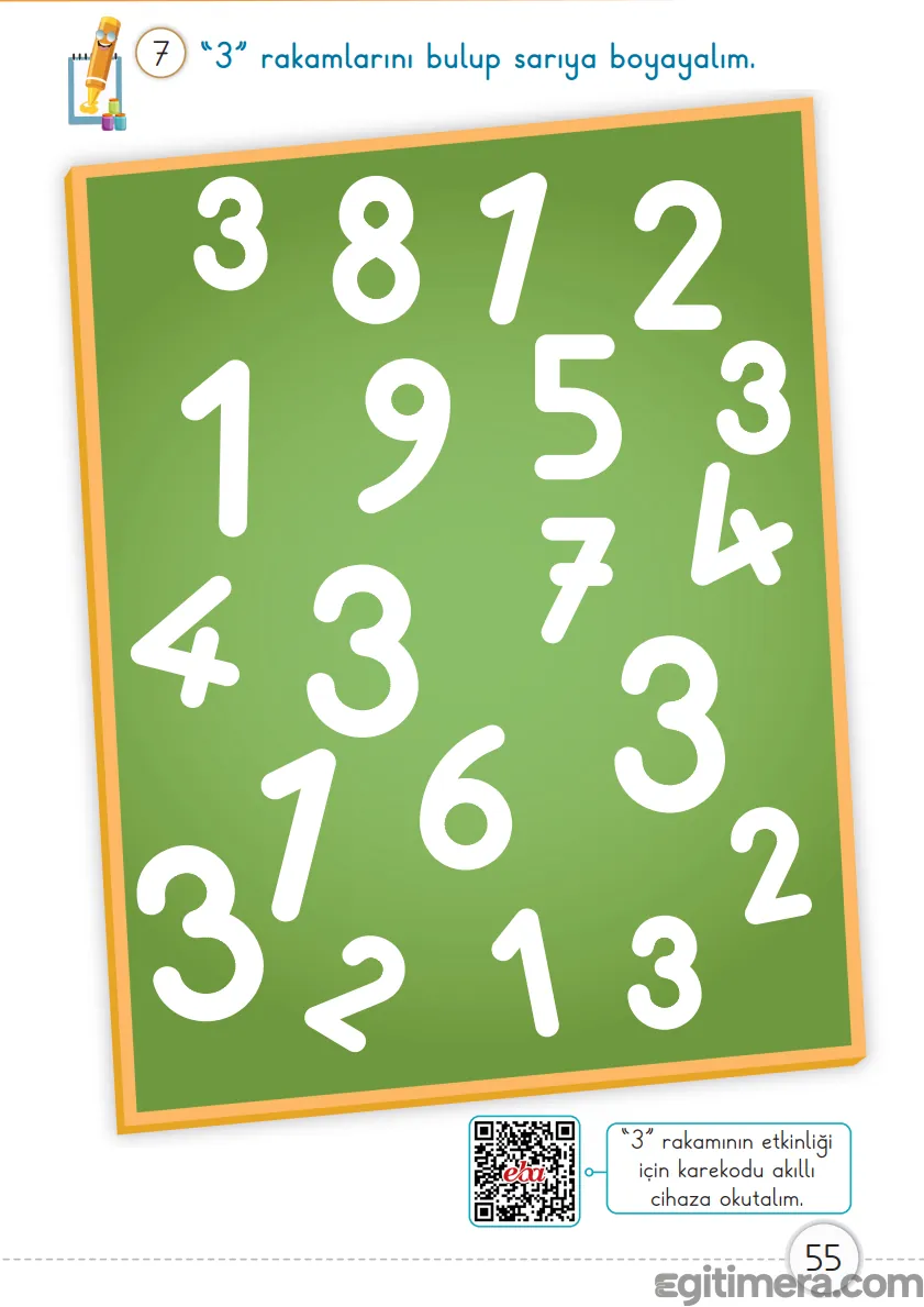 1. Sınıf Matematik ders kitabı sayfa 55; büyük sayılar içindeki 3 rakamlarını sarıya boyama çalışması.
