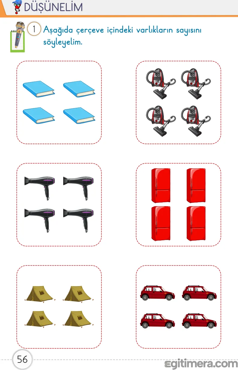 1. Sınıf Matematik ders kitabı sayfa 56; altı adet çerçeve içinde artan miktarlarda (1, 2, 3, 4, 5 ve 6) nesne gruplarının yer aldığı sayma çalışması sayfası.