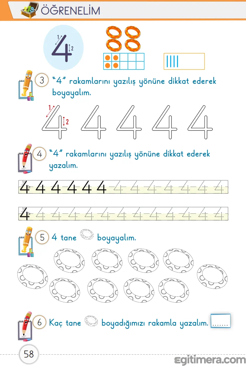 1. Sınıf Matematik ders kitabı sayfa 58; "4" rakamının yazım oklarını, satır çizgisi üzerindeki yazma çalışmalarını ve miktar boyama alanını içeren sayfa.