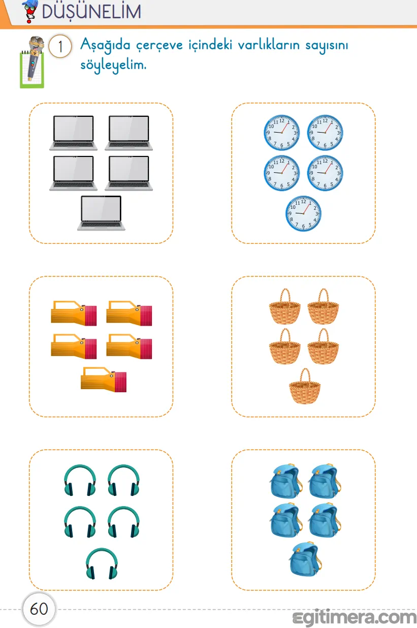 1. Sınıf Matematik ders kitabı sayfa 60; beş adet çerçeve içinde artan miktarlarda (1, 2, 3, 4 ve 5) nesne gruplarının yer aldığı sayma çalışması sayfası.