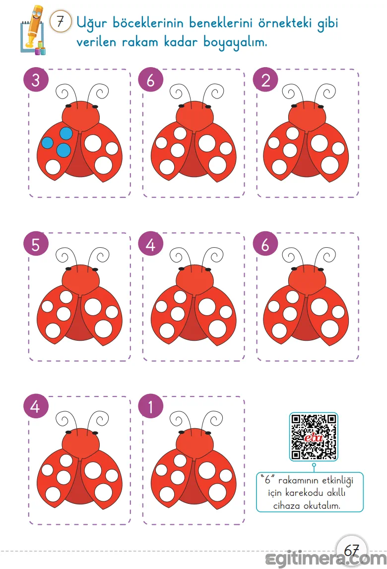 1. Sınıf Matematik ders kitabı sayfa 67; altlarında 1'den 6'ya kadar rakamlar bulunan uğur böceklerinin benek boyama çalışması.
