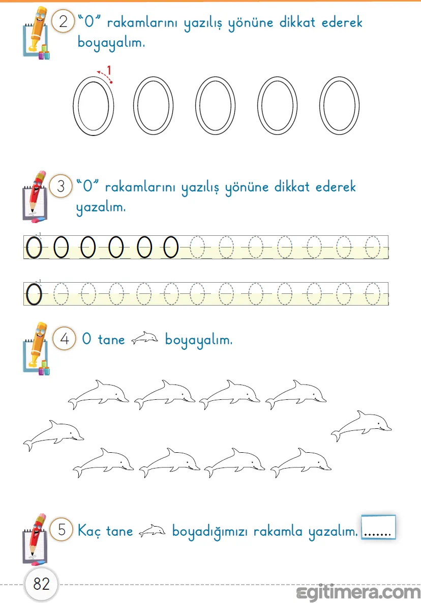 1. Sınıf Matematik ders kitabı sayfa 82; 0 rakamının yazım oklarını, satır çizgisi üzerindeki yazma çalışmalarını ve boş boyama alanını içeren uygulama sayfası.