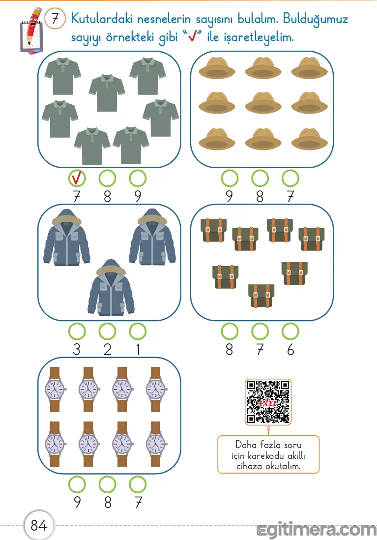 1. Sınıf Matematik ders kitabı sayfa 84; çilek, limon, salyangoz, arı ve mantar gruplarının sayılarının test edildiği işaretleme sayfası.
