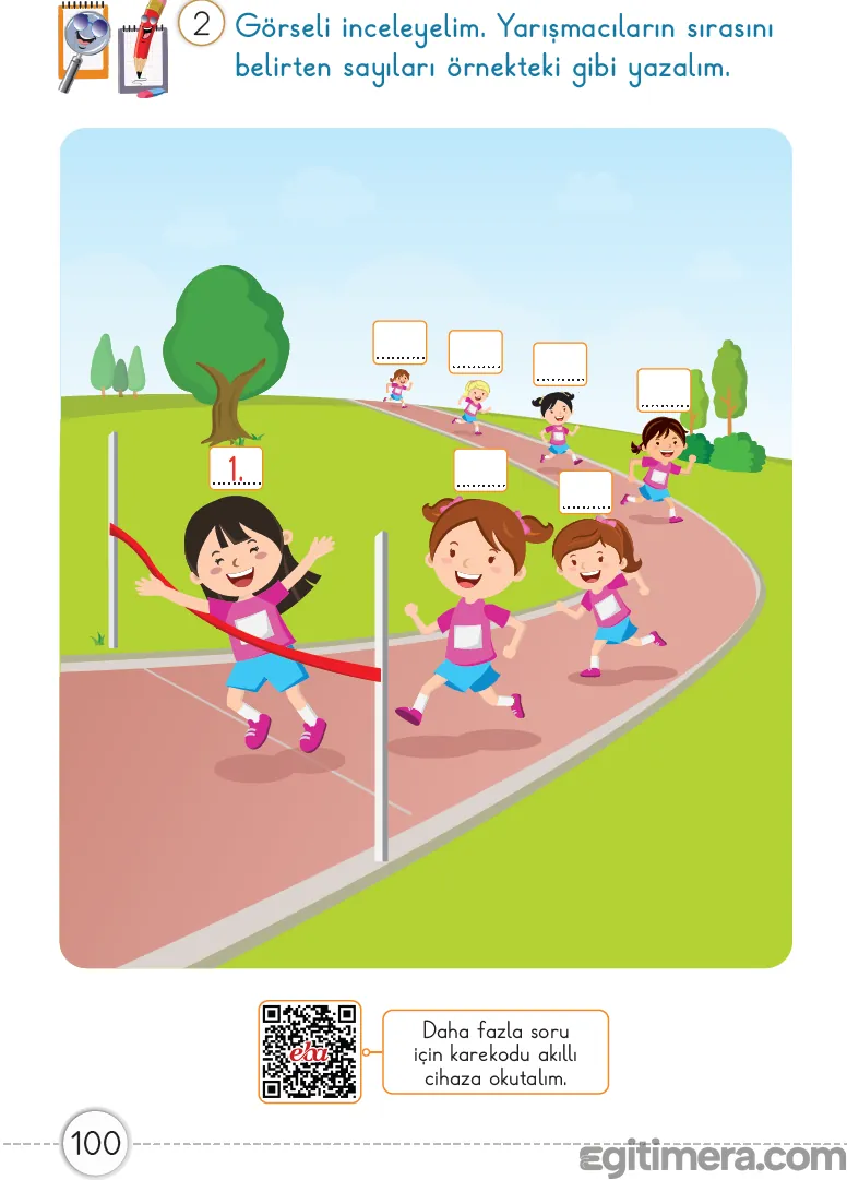 1. Sınıf Matematik ders kitabı sayfa 100; bitiş çizgisine doğru koşan beş çocuğun sıralarının (birinci, ikinci, üçüncü...) kutucuklara yazıldığı çalışma sayfası.