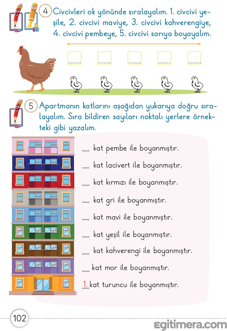 1. Sınıf Matematik ders kitabı sayfa 102; ok yönünde civcivlerin boyandığı ve dokuz katlı bir apartmanın renklerine göre kat sayılarının belirlendiği çalışma sayfası.