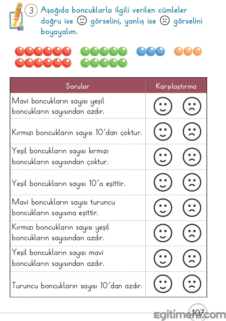 1. Sınıf Matematik Ders Kitabı Cevapları Sayfa 107 – MEB Yayınları