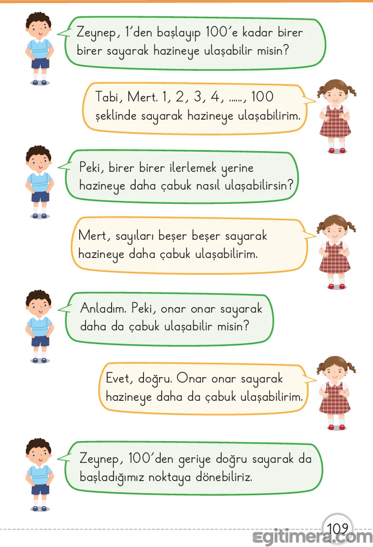 1. Sınıf Matematik ders kitabı sayfa 109; Mert ve Zeynep'in 100'e kadar farklı ritmik sayma yöntemlerini ve hızlarını tartıştığı diyalog sayfası.