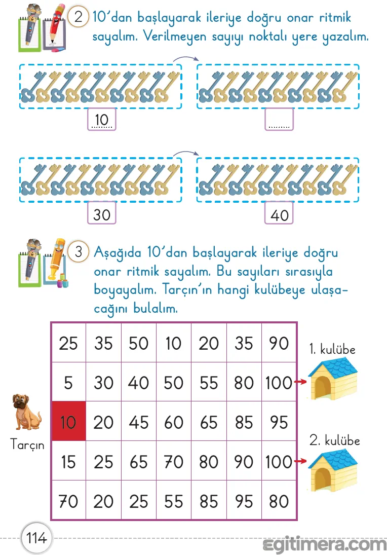 1. Sınıf Matematik ders kitabı sayfa 114; onar ritmik sayma yapılarak boşlukların doldurulduğu ve köpek Tarçın'ın labirentte doğru sayıları takip ederek kulübesine ulaştığı çalışma sayfası.