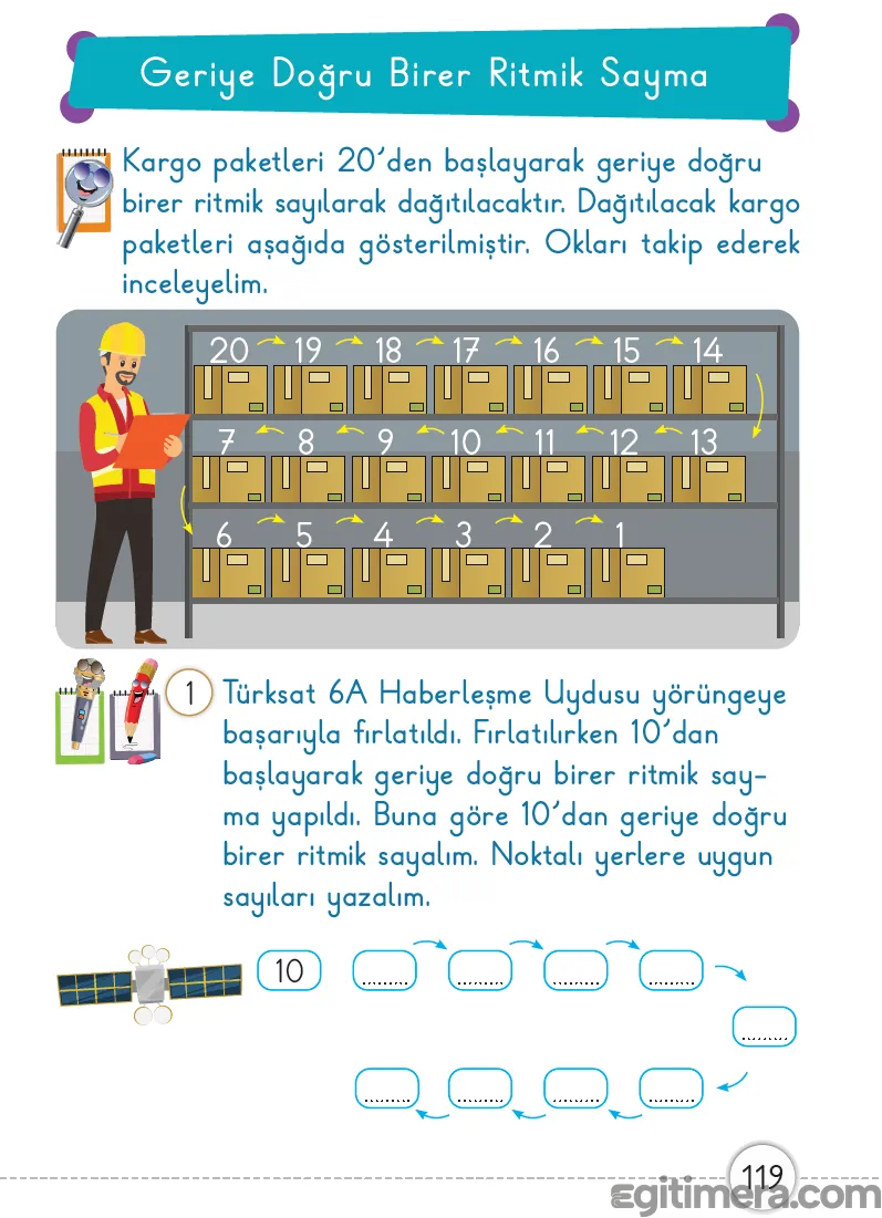 Çıkarma işlemine hazırlık niteliği taşıyan ve günlük hayattan örneklerle desteklenen sayfa 119 geriye sayma alıştırmaları.