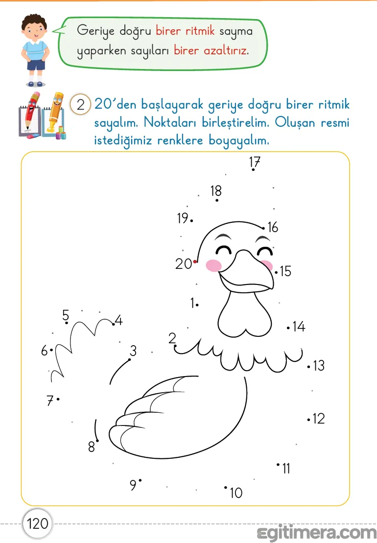 Çıkarma işlemine hazırlık için 20'den geriye doğru birer ritmik sayma becerisini pekiştiren sayfa 120 uygulama rehberi.