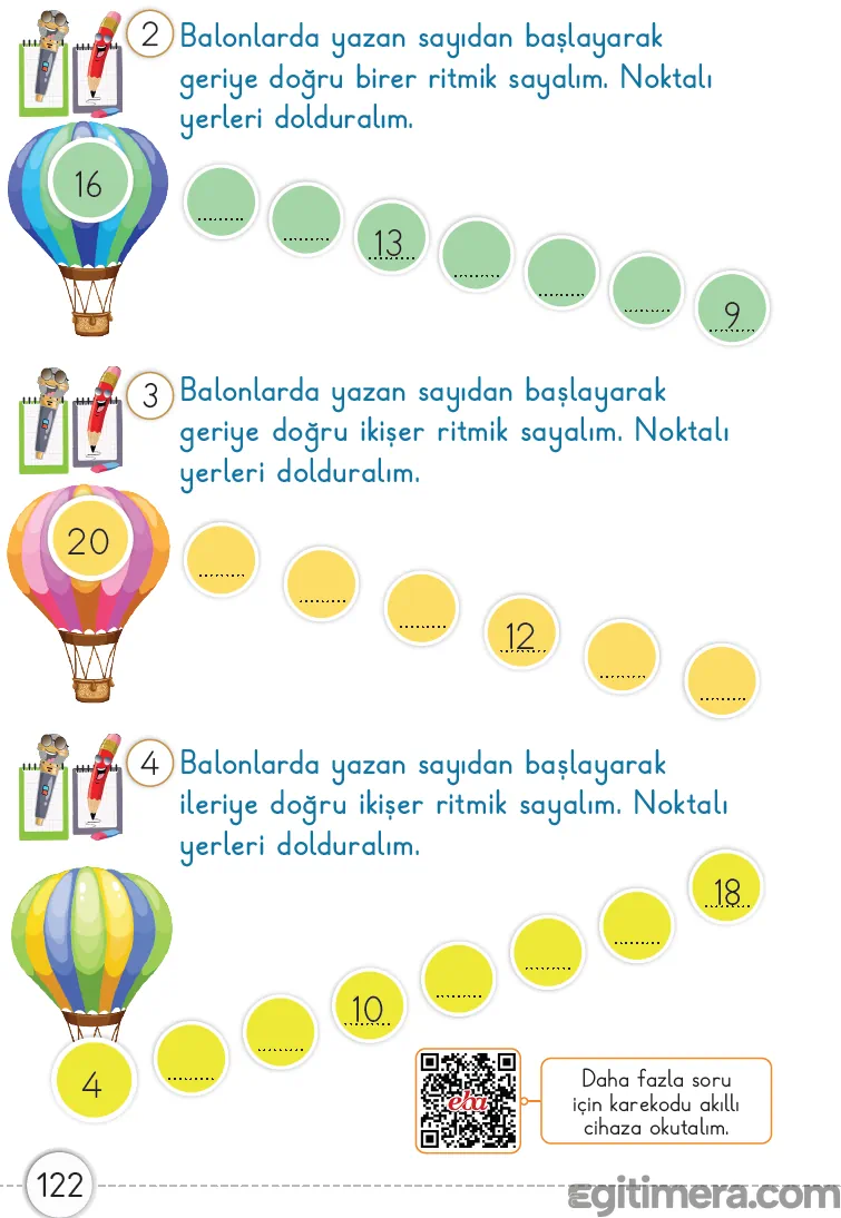 1. Sınıf Matematik ders kitabı sayfa 122; ileri ve geri ritmik sayma kurallarına göre içleri doldurulması gereken renkli balonlar ve sayı dizileri.