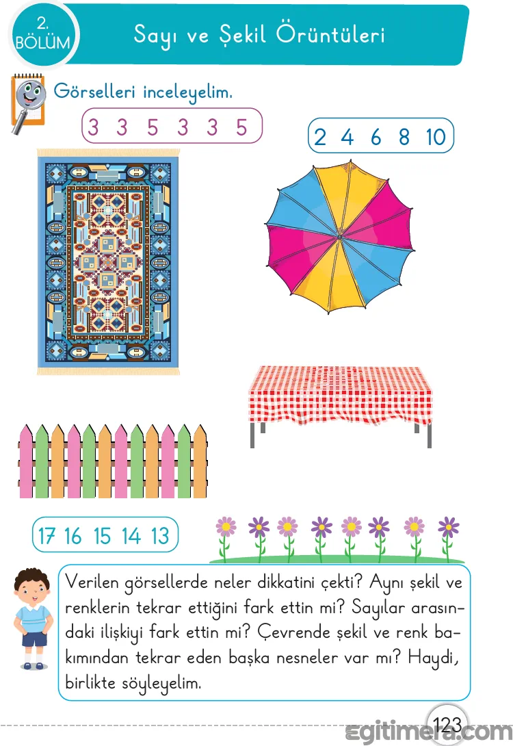Nesnelerin ve sayıların belirli bir kurala göre dizilmesini (örüntü) keşfettiren sayfa 123 giriş çalışması.