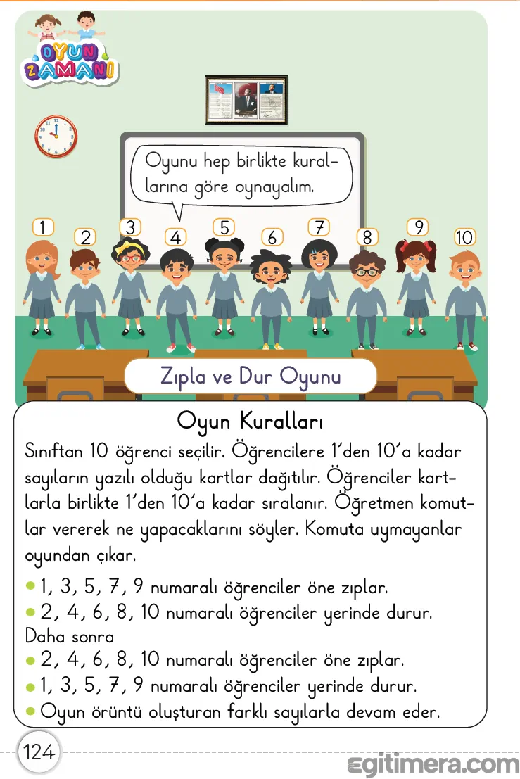 Sayı örüntülerini fiziksel hareketle pekiştiren "Zıpla ve Dur" oyunu uygulama kuralları.