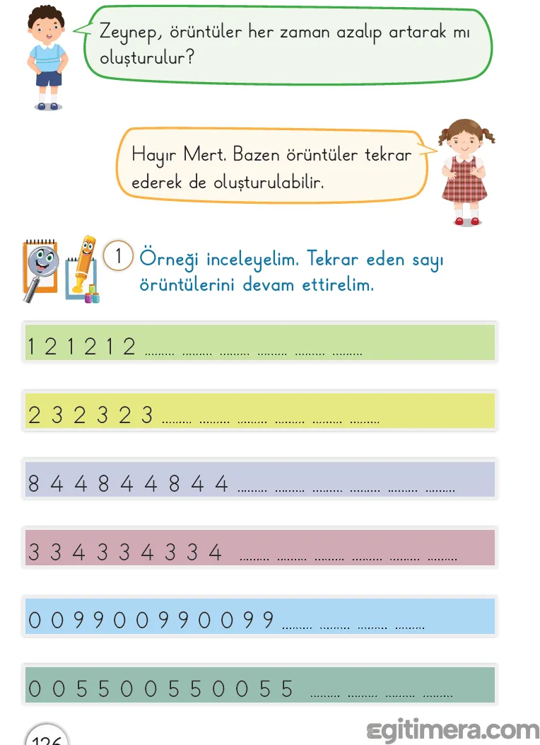 Artış ve azalış içermeyen, sadece sayıların belirli bir sırayla tekrarlandığı örüntüleri öğreten sayfa 126 uygulama alanı.