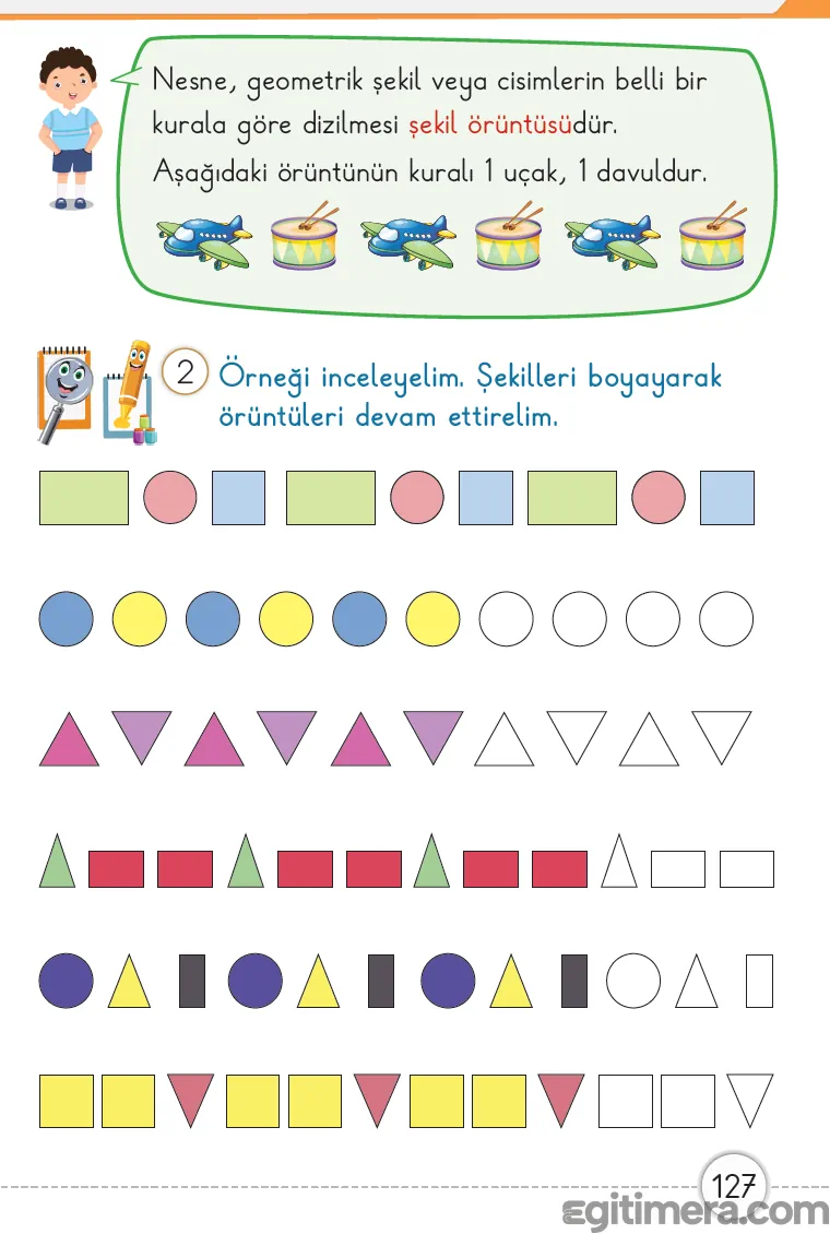 Nesne ve şekillerin belirli bir kurala göre dizilmesini (şekil örüntüsü) öğreten sayfa 127 uygulama alanı.