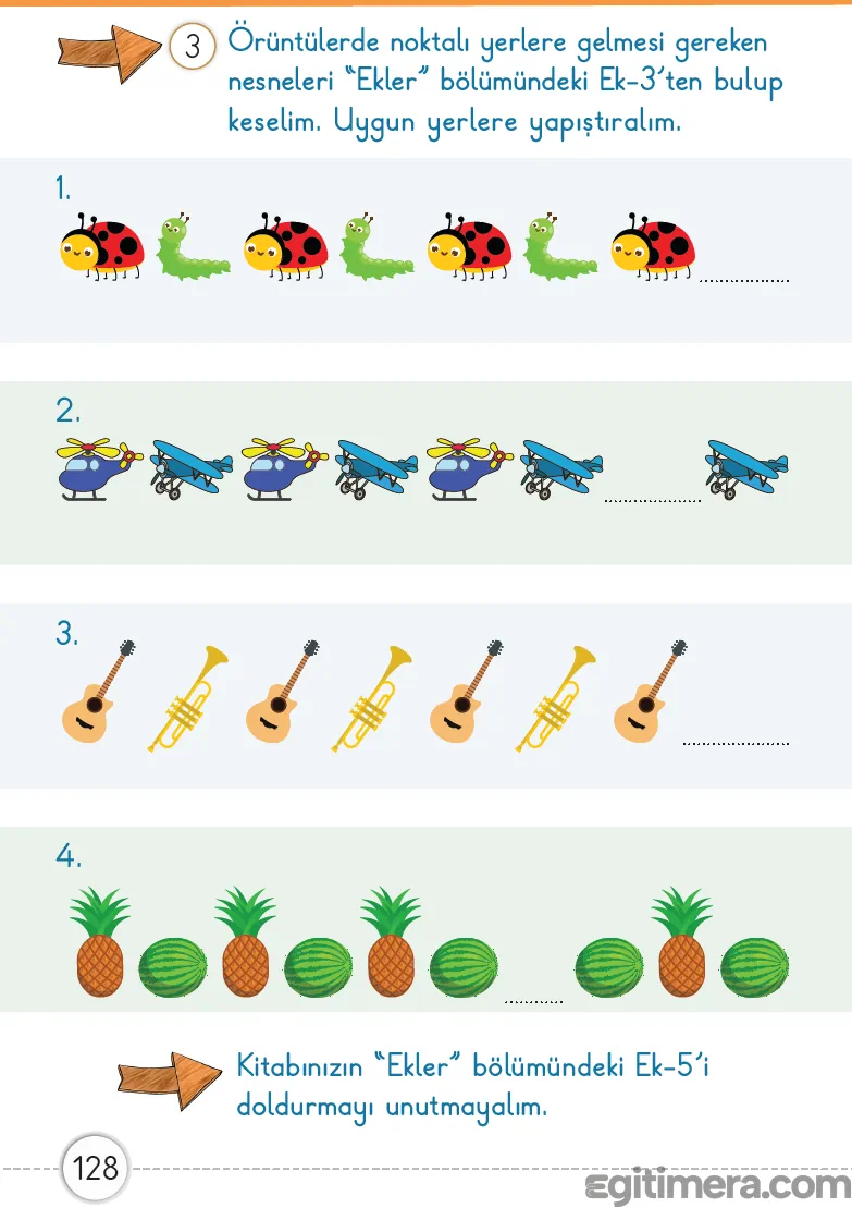 Ekler bölümündeki görselleri kullanarak örüntüleri kuralına göre tamamlama çalışması olan sayfa 128 uygulama rehberi.