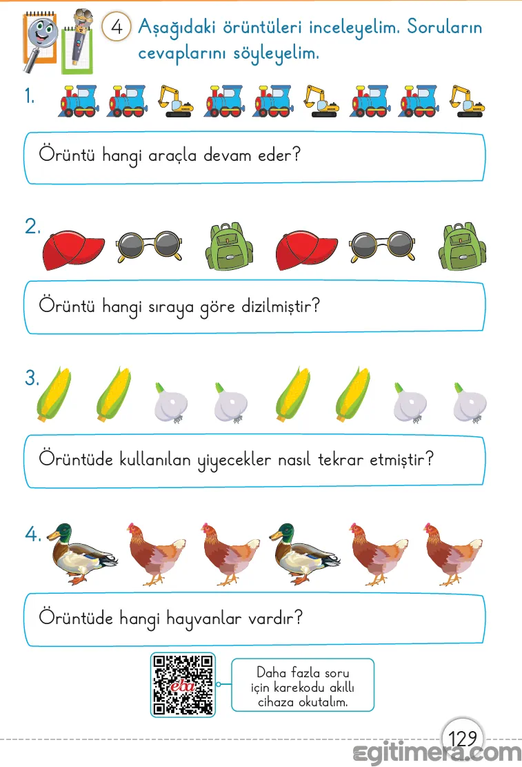 Nesne ve canlıların diziliş kurallarını sorgulayan, dikkati ve mantıksal sıralamayı ölçen sayfa 129 ünite değerlendirme soruları.