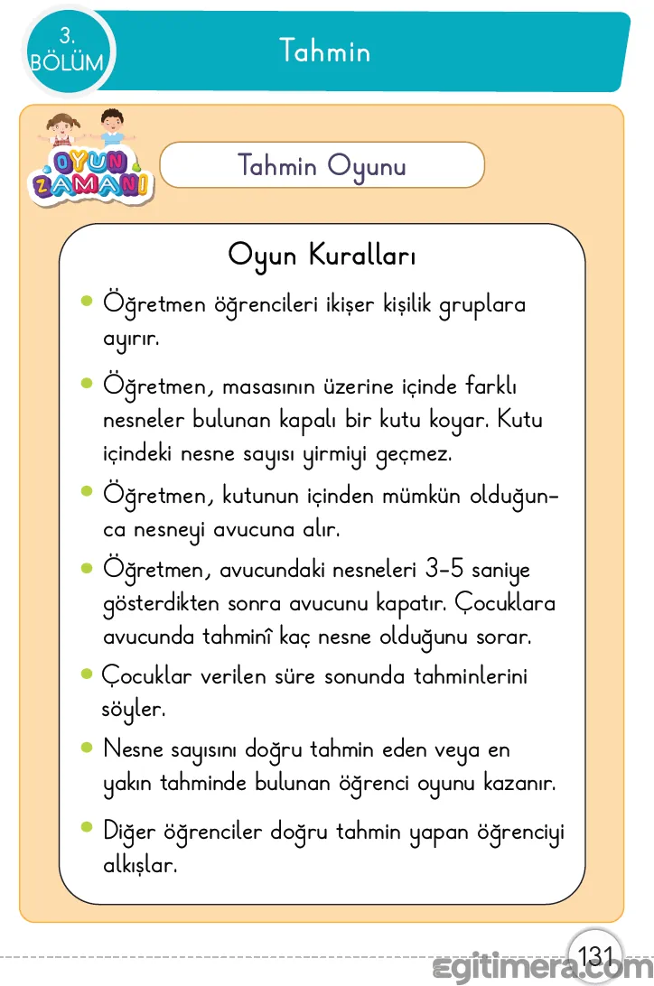Görsel hafıza ve sayısal tahmin becerilerini geliştiren sayfa 131 Tahmin Oyunu uygulama adımları.