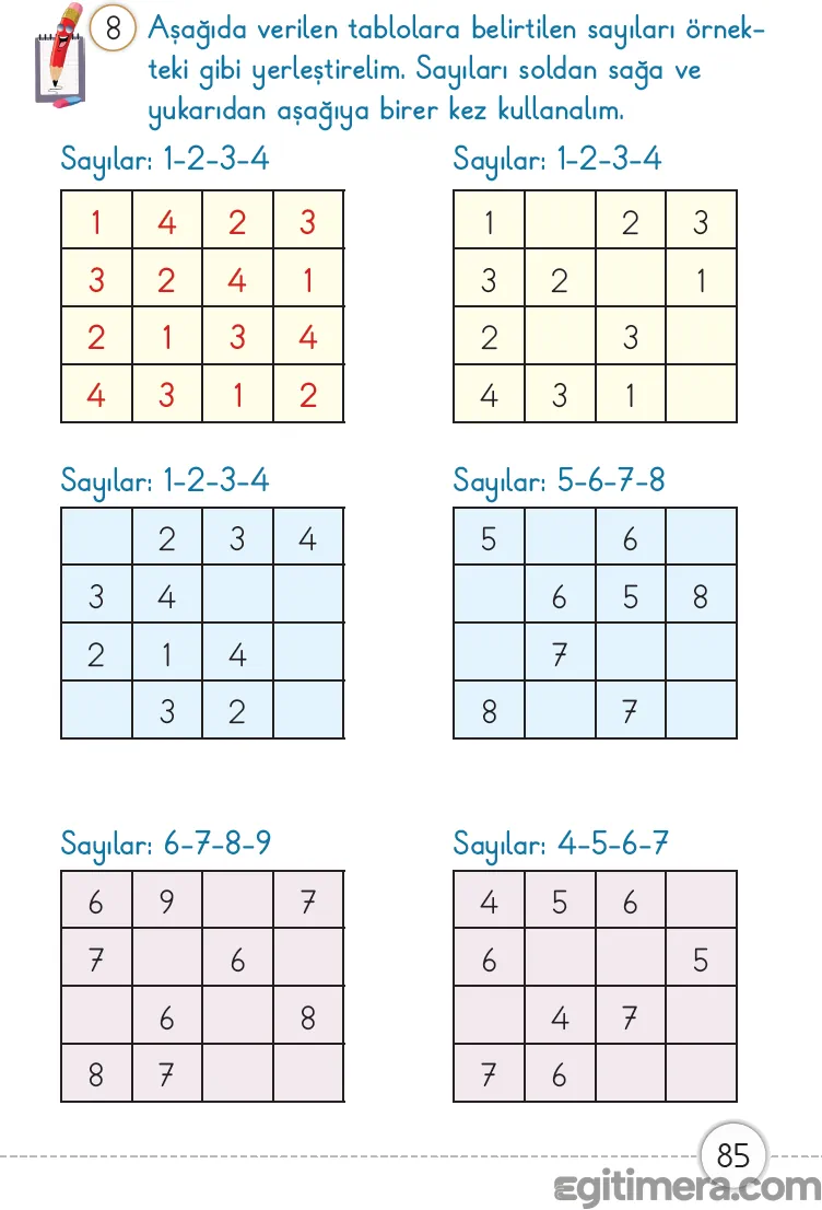 1. Sınıf Matematik ders kitabı sayfa 85; 1-2-3-4, 5-6-7-8, 6-7-8-9 ve 4-5-6-7 sayı gruplarının tablolara yerleştirildiği mantık etkinliği.