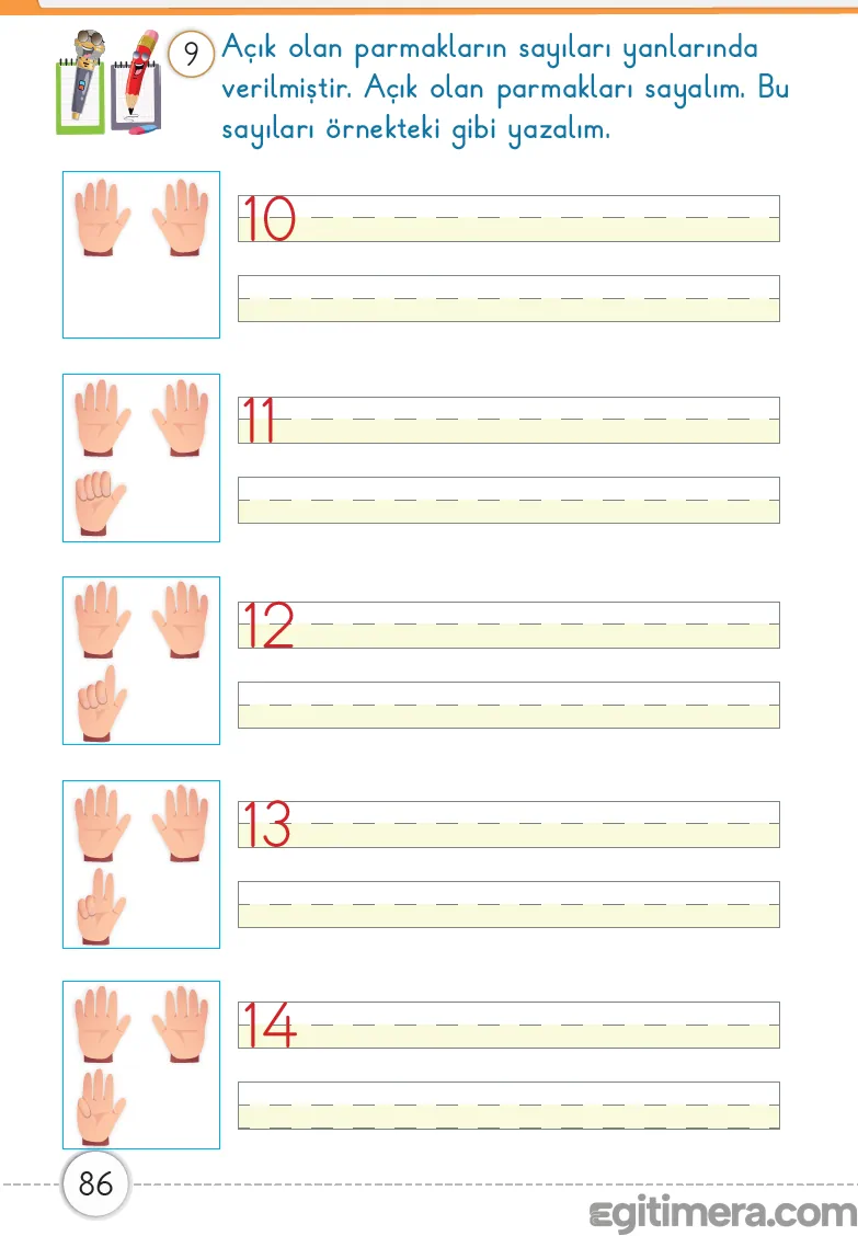 1. Sınıf Matematik ders kitabı sayfa 86; iki elin açık olduğu 10 sayısı ve üzerine eklenen parmaklarla 14 e kadar olan sayıların yazım çalışması.