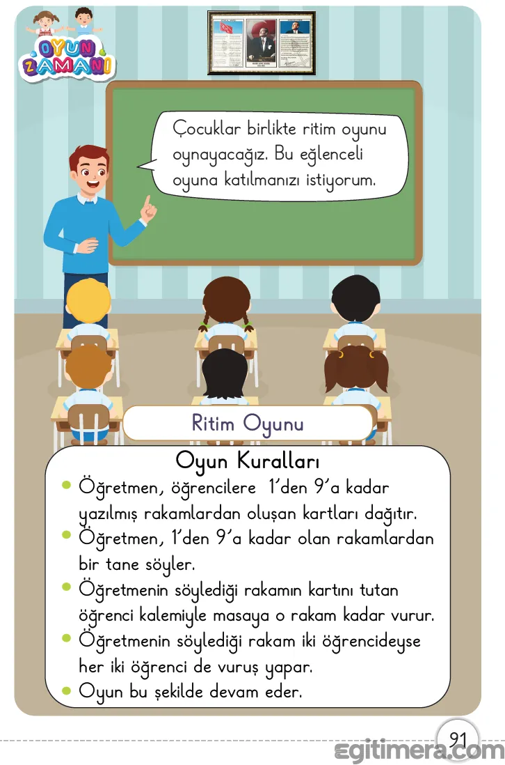 1. Sınıf Matematik ders kitabı sayfa 91; sınıf ortamında öğretmen ve öğrencilerin rakam kartlarıyla ritim oyunu oynadığı etkinlik sayfası.