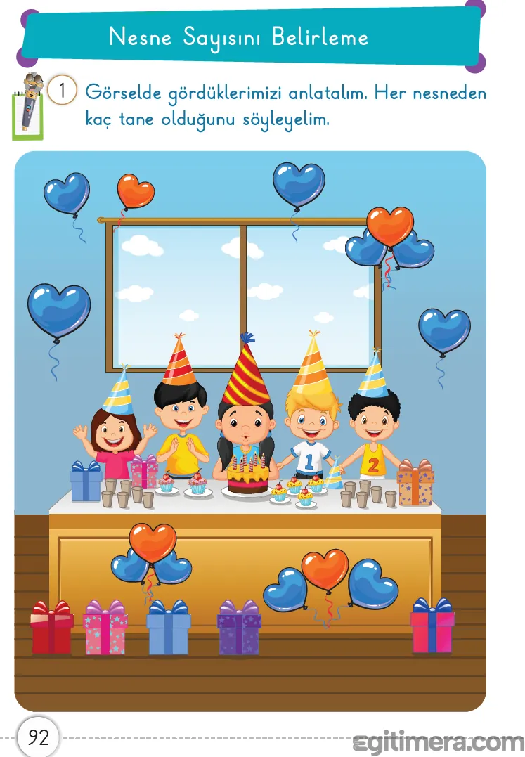 1. Sınıf Matematik ders kitabı sayfa 92; doğum günü masası etrafında beş çocuk, renkli balonlar, hediyeler ve pastaların yer aldığı görsel.